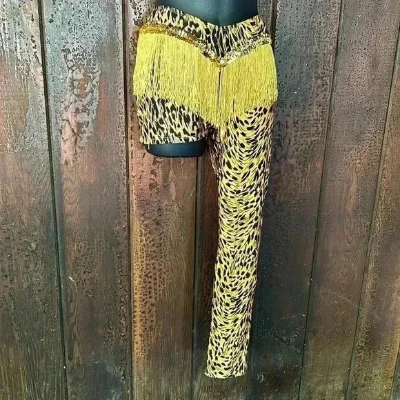 Vintage One Leg Leopard Cheetah Animal Print Leggings Fringe Sequins 80s 90s - Picture 1 of 7